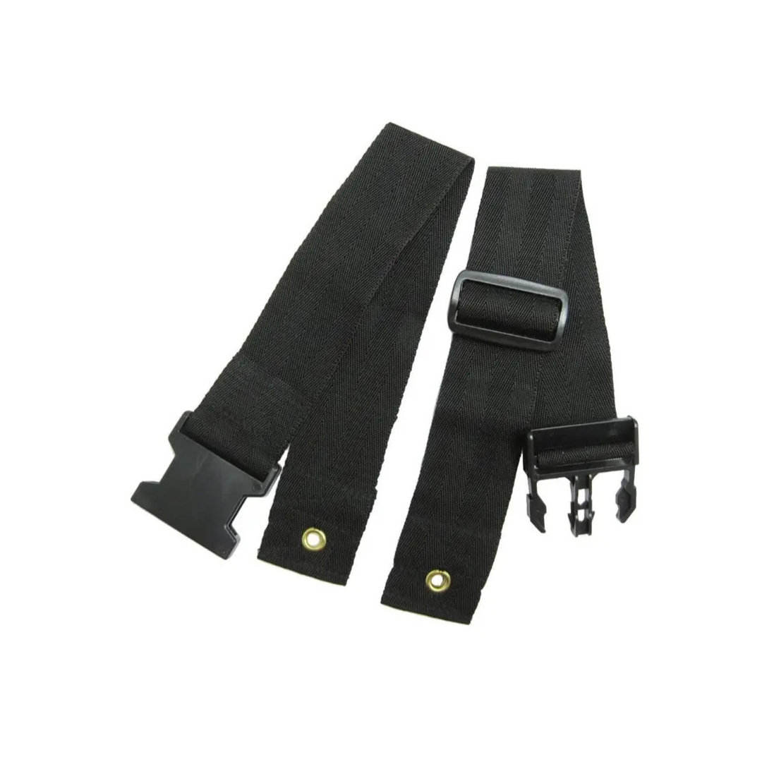 Two black adjustable nylon Karman Healthcare Wheelchair Seat Belts with plastic quick-release buckles and metal grommets, designed in SB-22 clamp style, displayed on a white background.